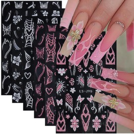 6 Sheets Glitter Butterfly Nail Art Stickers Pink White Flame Butterflies Love Heart Designs Nail Decals 3D Self-adhesive Luxury Nail Stickers Sparkle Reflective Slider Foil DIY Manicure Accessories