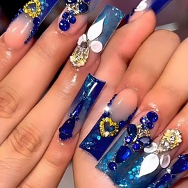 Handmade Press on Nails Long Square Fake Nails with 3D Rhinestones Butterfly Heart Designs Gradient Nails Press ons Blue Acrylic Nails Glossy Glue on Nails Glitter Stick on Nails for Women 24Pcs