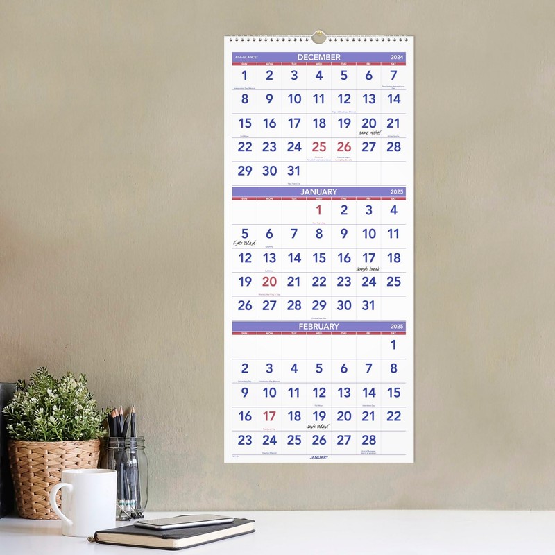 AT-A-GLANCE 2025 Wall Calendar, 12" x 27", Large, Vertical, 3-Month