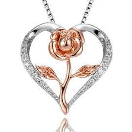 Klurent Rose Necklace for Women, Christmas Necklace with Gift Box, Rose Gold Flower Silver Heart Pendant Unique Necklaces Gift for Wife, Mom, Girlfriend on Christmas, Birthday, Anniversary