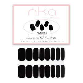 NKA Semi-Cured Gel Nail Strips Kit – 16 Long Strips in 8 Sizes – Quick & Easy Application – Cures in 60 Seconds – Includes Mini File & Cuticle Stick – Long-Lasting, Jet Black