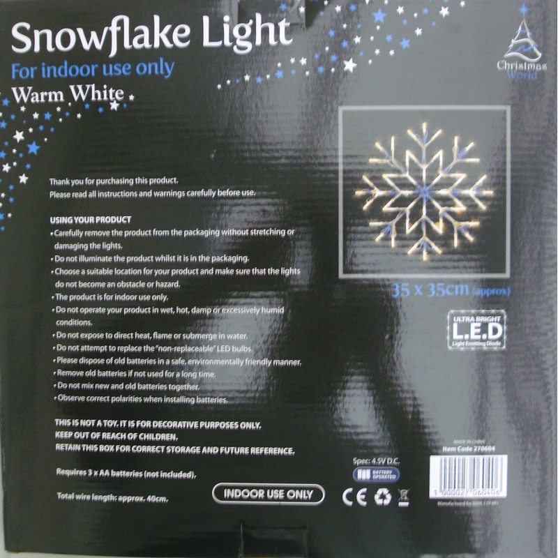 Warm White LED Snowflake Light 35cm x35cm Christmas Xmas