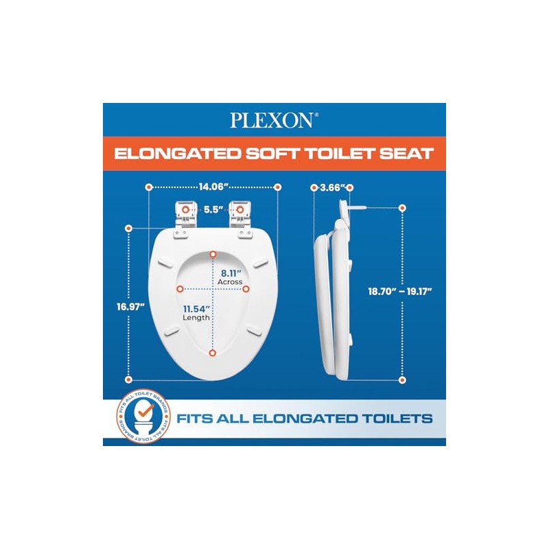 Plexon Soft Cushioned Toilet Seat, Elongated White, Slow-Close Lid &