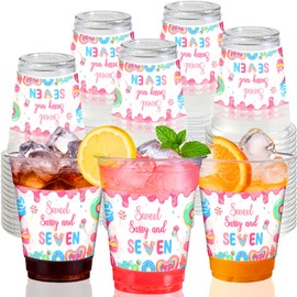 50 PCS Sweet Sassy and Seven Birthday Plastic Cups,12 OZ Clear Disposable Cold Hot Drinking Cups Beverage Water Container Donut Themed 7th Birthday Party Supplies