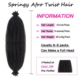 16 Inch Springy Afro Twist Hair 3 Packs Pre-Separated Spring Twist Hair Natural Black Marley Twist Crochet Braiding Hair for Soft Locs Hair Synthetic Hair Extensions for Black Women (16Inch,1B)