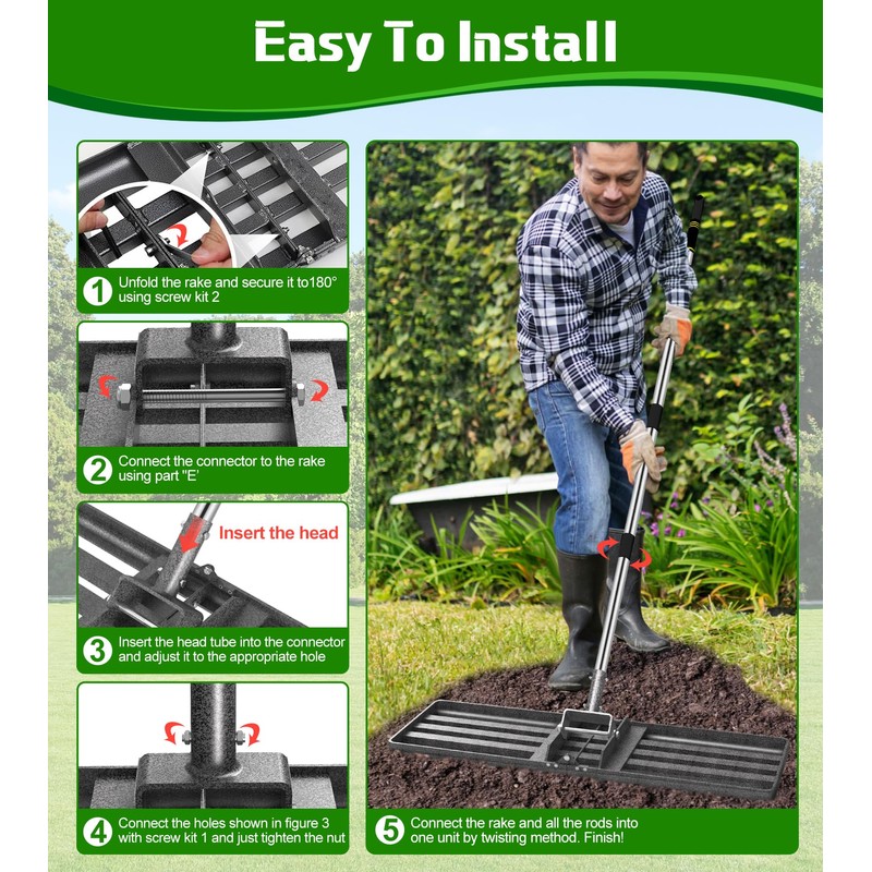 Heavy-Duty Lawn Leveling Rake Levelawn Tool with 30"x10" Plate &