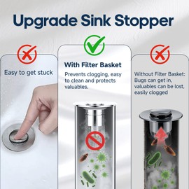 Pop Up Sink Drain Strainer, Bathroom Sink Drain Stopper with Removable Stainless Steel Drain Hair Catcher Basket, Universal Bathroom Sink Stopper Replacement, Drain Plug Filter (4PCS)