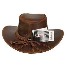 Lesa Collection Vintage Gunner Leather Cowboy Hat - Stylish Braided Band Cowgirl Hat - L