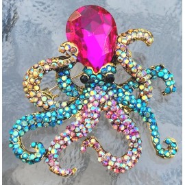 Unbranded Iridescent Rhinestone & Crystal Goldtone Octopus Brooch / Pendant