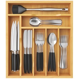 Lifewit Silverware Drawer Organizer Tray, Bamboo Cutlery Storage for Kitchen Drawer, 7 Compartment Flatware and Utensil Holder Divider for Spoons Forks Knives Tableware, Natural