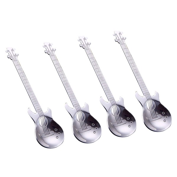 COMIART Creative Guitar Coffee Tea Spoons, 18/10 Stainless Steel Stirring Mixing Spoons, Fun Gift for Music Lover, 4.7 Inch Cute Sturdy Teaspoons, Pack of 4, Silver