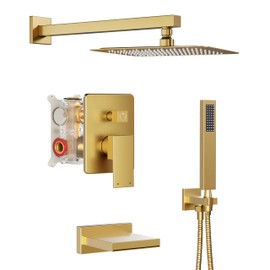 Holispa Gold Shower System with Tub Spout, All Metal Tub Shower Faucet Set with 10” Rain Shower Head and Handheld Spray combo, Wall Mounted Tub Shower Systems with Valve and Trim Kit, Brushed Gold