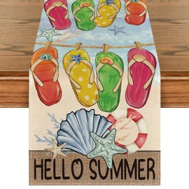 Artoid Mode Flip Flops Seaside Themed Beach Summer Table Runner, Starfish Seasonal Kitchen Dining Table Decoration for Home Party Decor 13x120 Inch