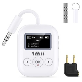 1Mii SafeFly Min+ Bluetooth Transmitter and Receiver,Bluetooth Adapter for Airplane, Supports to 2 AirPods/Headphones,Use with Any 3.5mm Jack on Airplanes, Gym, TVs, Car, Home, Boat(White)