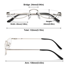 ABETOS Half Moon Reading Glasses Men Women Half Rim Metal Frame Spring Hinge Retro Stylish Slim Computer Readers, Silver 3.0