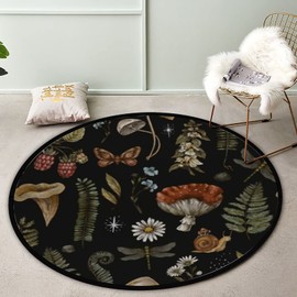 Round Area Rug 3 Ft Mushroom Plants Insect Daisy Floral Collection Round Mats Accent Throw Rugs Floor Carpet Bedroom Study Kitchens Dining Living Room Indoor Laundry Decor Soft Non-Slip 48inch