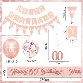 60th Birthday Decorations for Women-Rose Gold 60th Birthday Banners for Her,60th Party Decor Happy 60th Birthday Banner Bunting Foil Hanging Swirls Triangle Flags Confetti Latex Balloons