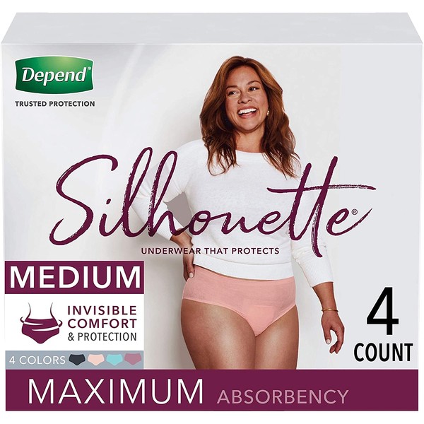 Depend Silhouette Incontinence and Postpartum Underwear for Women, Maximum Absorbency, Disposable, Medium, Pink/Black/Teal/Berry, 4 Count