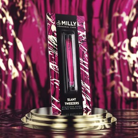 By MILLY German Steel Professional Slanted Tweezers - Hammer Forged 100% Stainless Steel - Hand-Filed and Aligned Slant Tips for Precision - Pink