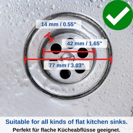 Stainless Steel Drain Strainer 2 Pieces Diameter 77mm Outside 42mm Inside Protrudes 14mm Spout Drain Strainer for Kitchen Sink, Sink, Shower Tray, Bathtub, Hair Strainer and Food Scraps Strainer, Hair