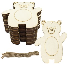 30pcs Bear Wood DIY Crafts Cutouts Blank Wooden Bear Shaped Hanging Ornaments with Hole Hemp Ropes Gift Tags for Kid's DIY Projects Christmas Party Decorations (3.0 x 3.9 x 0.1 in)