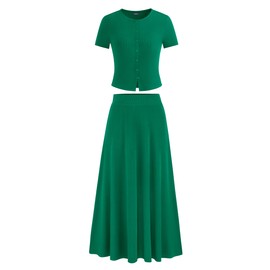 PRETTYGARDEN Women's 2 Piece Skirt Sets Summer Short Sleeve Button Up Knit Crop Top Flowy Maxi Skirts Travel Vacation Outfits (Green,XS)