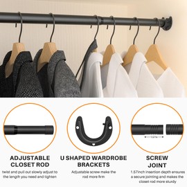 SUTINE Closet Rod for Hanging Clothes, 17 to 52 Inch Adjustable Closet Hanging Rod, Heavy Duty Clothes Hanging Rod Bar Black Metal Closet Poles with Threads for Wardrobes, Closet, Bathroom, Windows