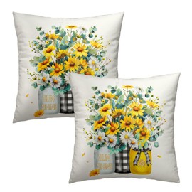 Sunflowers Throw Pillows Cover 18x18 Inch Set of 2 Nature Summer Yellow White Daisy Flower Vase Decor ​Pillowcase for Living Room Sofa Bedroom Car