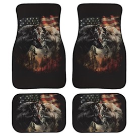 Poceacles American Flag Wolf Print 4 Piece Full Set Car Mat Auto Floor Mats for Auto Easy to Install Universal Non-Slip Mats All Weather Funny Car Decor Floor Liners Universal Fit for SUV Trucks