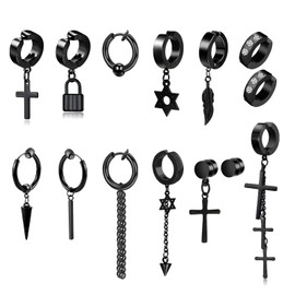 14 Pcs Black Goth Stainless Steel Non Pierced Fake Piercing Cross Feather Spike Awl Star of David Dangle Tassel Clip on Hoop Earrings Set Jewelry for Unisex