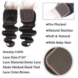 ZGGTL Body Wave Bundles Human Hair with Closure (20 22 24+5x5 Lace Closure 18Inch) 12A 100% Brazilian Human Hair Bundles with Closure Natural Color