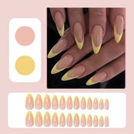 Almond Press on Nails Medium - 24Pcs French Tip Yellow Nude False Nails - Oval Fresh Fake Nail with Glue - Full Cover Summer Nail Removable Acrylic Stick On Nail for Women Nail Art Manicure Decoration