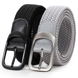 WERFORU 2 Pack Stretch Woven Belts Men's Elastic Braided Belt 1 3/8 Casual Golf Belt for Jeans Pants Black/Grey