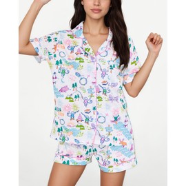 Zuafy Women's Pajamas Set Button Down Ladies Summer Pajamas Monkey Printed Sleepwear Short Sleeve 2 Pc Pjs for Birthday Gift