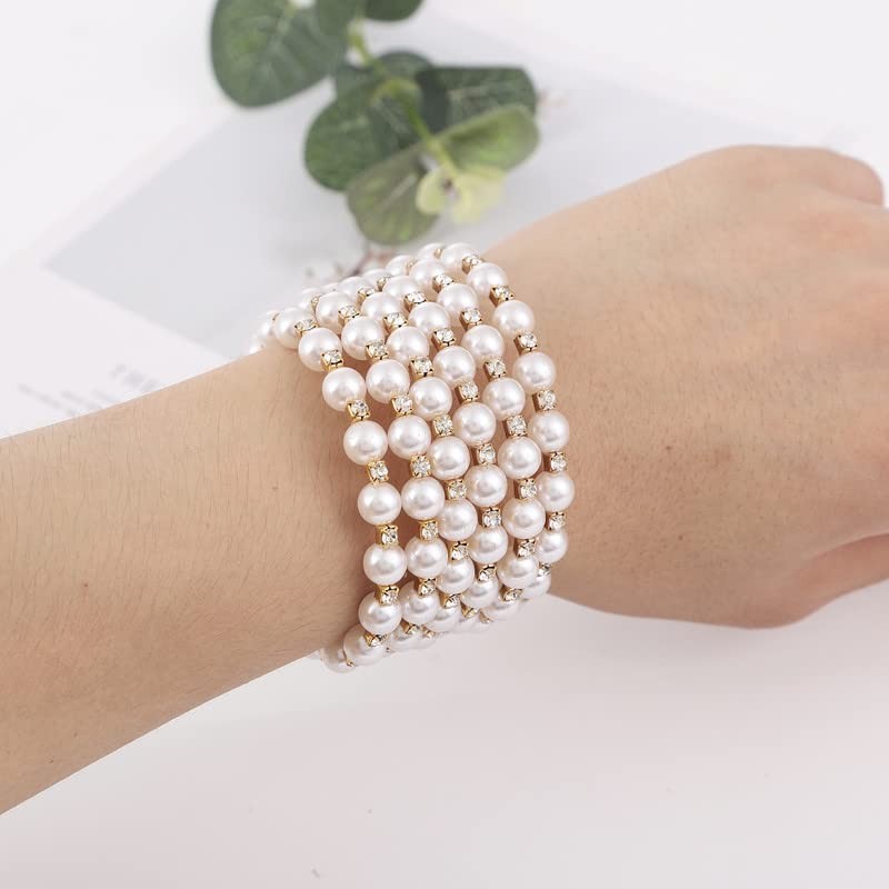 Fuqimanman2020 Multi Row Imitition Pearl Stretch Bracelet Stackable Crystal Strand