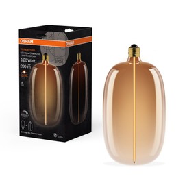 OSRAM Vintage 1906 Big Elipse Oval is a dimmable LED lamp with filament in ellipse shape, offering 4.8W for 200lm, E27 socket, Tea Brown Glass, 145mm diameter, CRI 80, 1800K