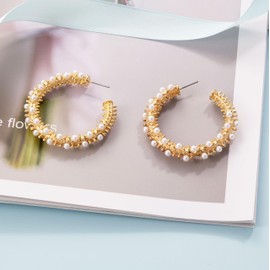 SELOVO Simulated Pearl Statement 40MM Hoop Earrings for Women Gold Color
