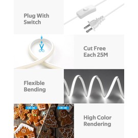 Samsion - Tira de luces LED COB de 120 V, 10 pies, tira de luces LED para exteriores, impermeable, luz blanca de día 6000 K, súper brillante, flexible, con interruptor enchufado, 288 LEDs/M, para