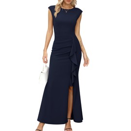 Missufe Women's Ball Gown Maxi Evening Dresses Cap Sleeve Cocktail Ruffle Slit Mermaid Bodycon Wedding Festive Dress, navy blue