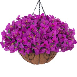 Artificial Fake Hanging Flowers Plants Basket for Outdoors Decoration, Faux Silk Bougainvillea Flowers in Planter Look Real UV Resistant Faux Flower for Porch Home Patio Garden Yard (Purple-New)