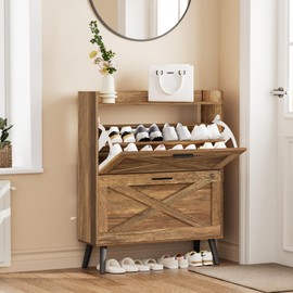 Homleke 32" W Farmhouse Shoe Storage Cabinet with 2 Flip Drawers and Barn Door Design, Adjustable Shelves, Hidden Slim Narrow Shoe Rack Cabinet for Entryway, Foyer, Hallway, Living Room, Rustic Walnut