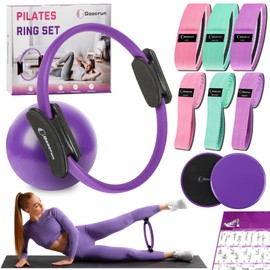 Goocrun Pilates Ring Set Exercise Equipment with Fabric Resistance Bands Set, Pilates Ball, Sliding Disks – Workout Equipment Home Gym Includes Complete Fitness Poster (Purple)