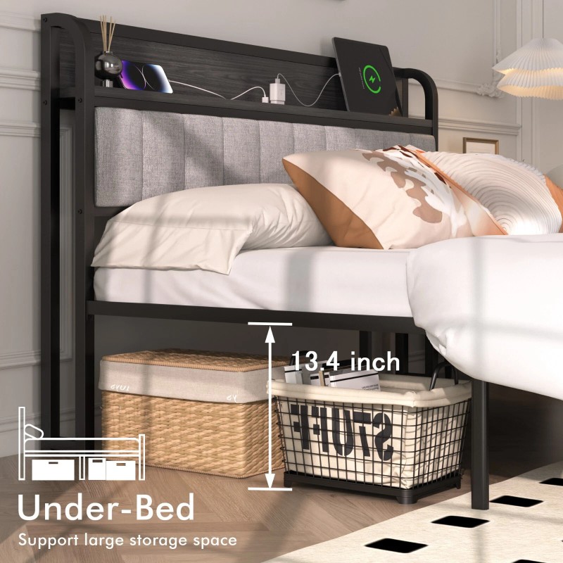 Vecelo Bed Frame with Storage Headboard Power Outlet Full Queen