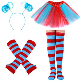 Hicarer 4 Costume Set for Women Include Red Blue Tulle Tutu Skirt Striped Socks Stretchy Gloves Ponytails Headband(Lake Blue and Red, Medium)