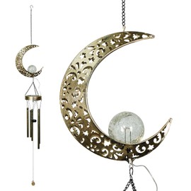 Ferrisland Solar Wind Chimes for Outside Clearance, Moon Windchimes Outdoors for Porch Patio with Crackle Glass Ball LED Light, Waterproof Metal Outdoor Hanging Decor for Women Wife Mom Grandma