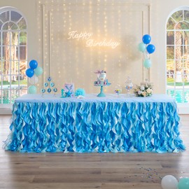 leegleri 132Inch Long Ocean Blue Table Skirt for Rectangle Tables, Tutu Table Skirt for Birthday Party, Baby Shower, Gender Reveal, Wedding Shower, Valentine’s Day, Prom