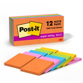 Post-it 654-12SSUC Super Sticky Notes, 3 x 3-Inches, Jewel Pop Collection, 12-Pads/Pack