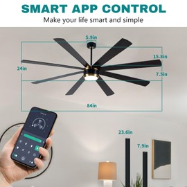 SHOWDI Ceiling Fan with Lights and Remote Control, 8 Blade App Commercial Industrial Ceiling Fan with Lights Reversible Stepless Brightness and Color Temperature(Black-Gold, 84 Inch)