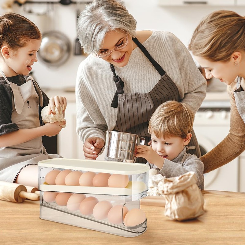HOTUT Egg Container for Refrigerator, 2-Tier Automatic Egg Holder for