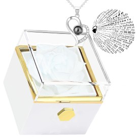 Preserved Real Rose Rotate Box with I Love You Necklace in100Languages-Eternal Flowers Rose Romantic Gifts for Mom Wife Girlfriend daughter for Valentines Day Christmas Birthday (White)